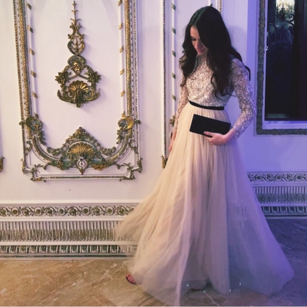 Needle & Thread Long sleeve full length blush beaded gown